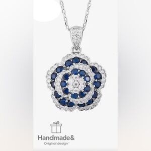 Blue and Diamond Floral Silver Pendant Necklace